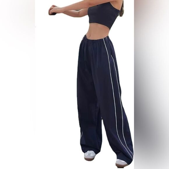Pants - Black Women Y2K Baggy Track Pants Elastic Waist Wide Leg Parachute Pants